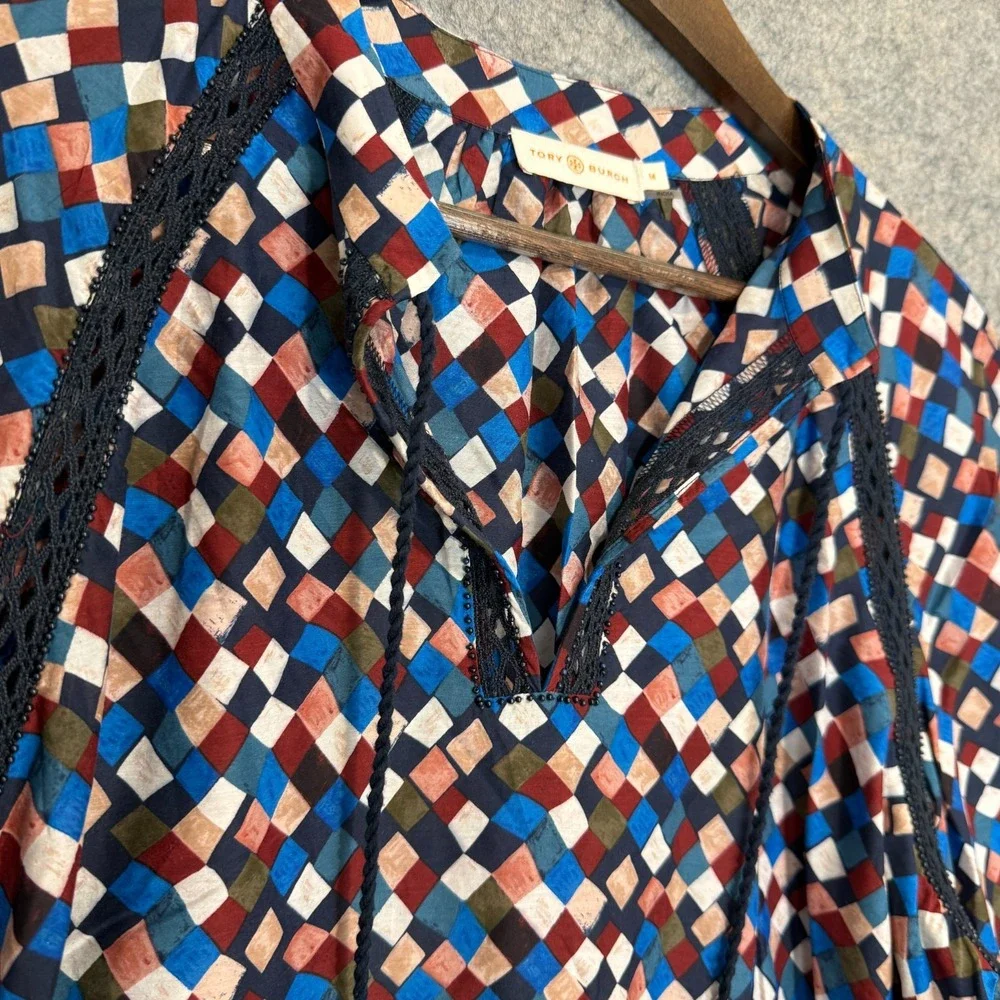 Tory Burch Blouse Womens 14 Geometric Masaic Plaid Lace Boho Tie Top Shirt